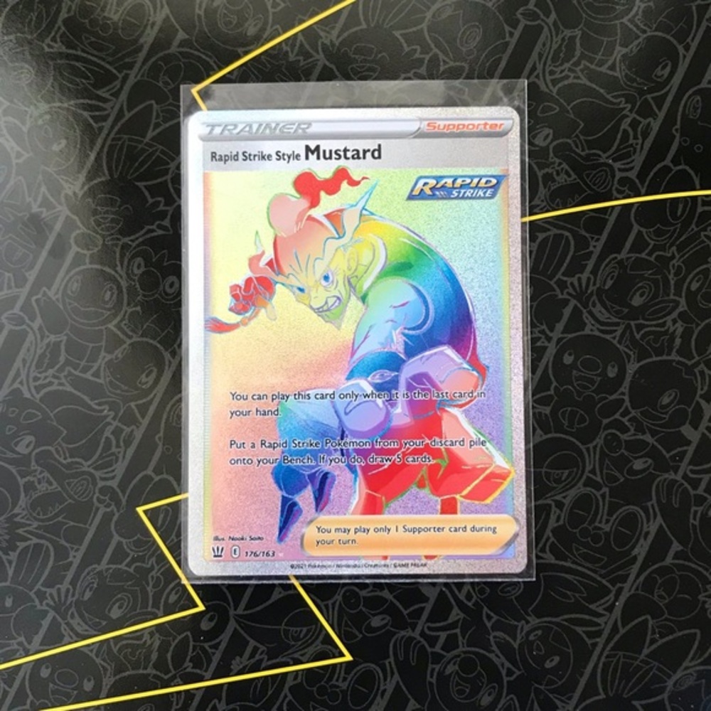 Rapid Strike Style Mustard Trainer Rainbow Rare Authentic Pokemon Card 176/163
